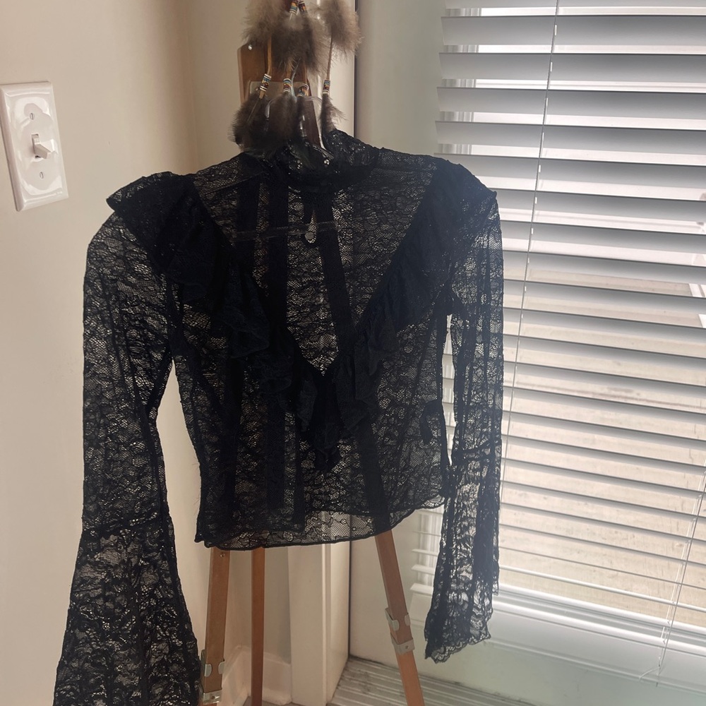 Dolls Kill Black Ruffled Sheer Bell Sleeve Blouse
